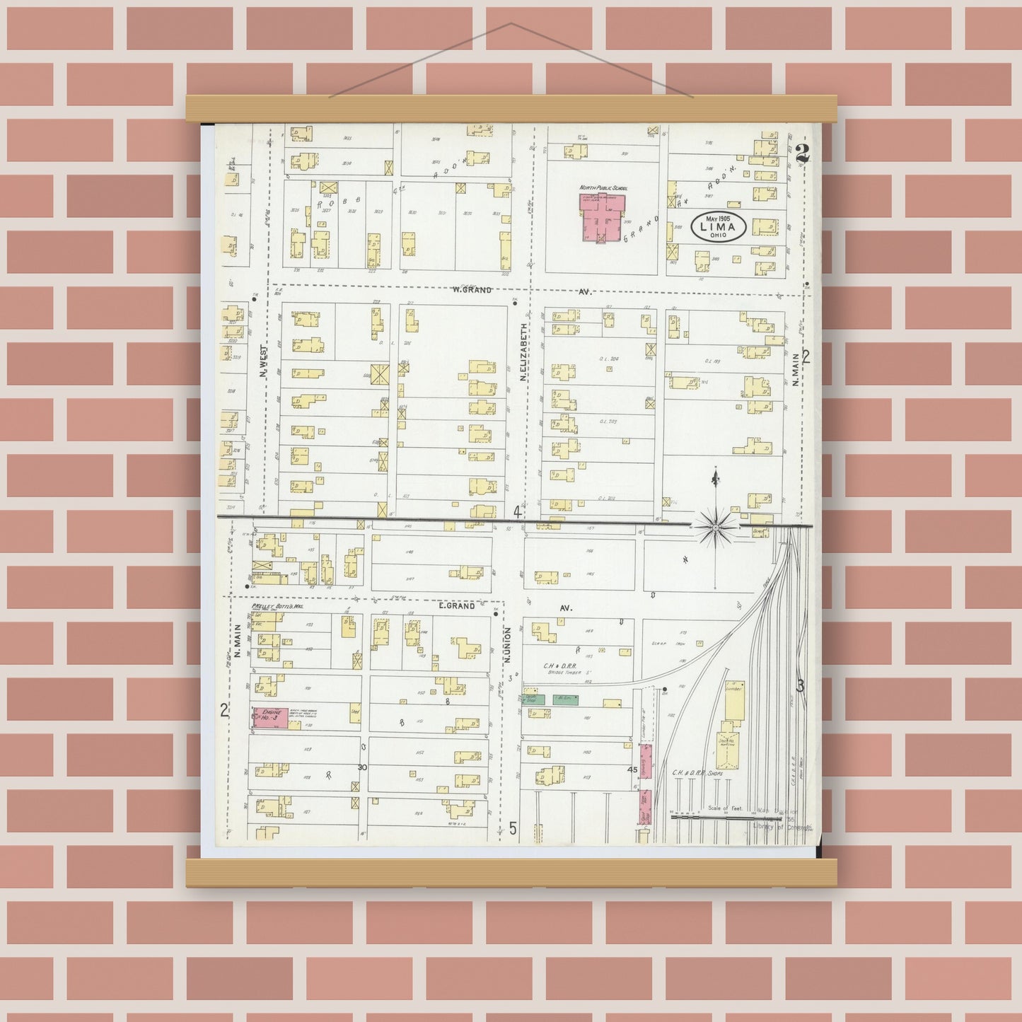 Old map wall art mockup — magnetic wood frame on brick wall — Sanborn Fire Insurance Map from Lima, Allen County, Ohio (1905), Sheet #0002