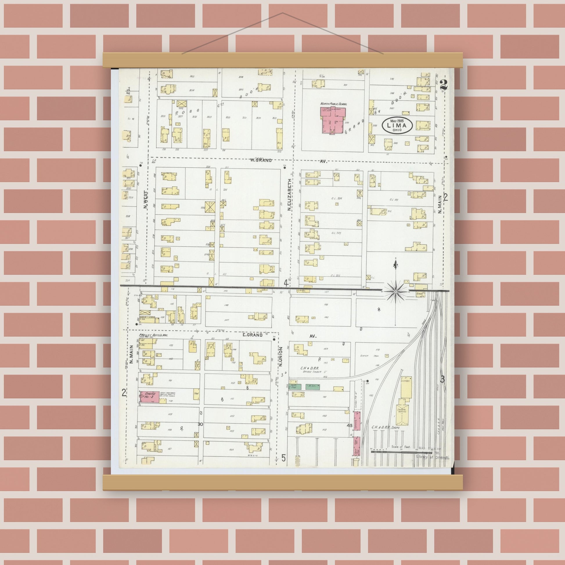 Old map wall art mockup — magnetic wood frame on brick wall — Sanborn Fire Insurance Map from Lima, Allen County, Ohio (1905), Sheet #0002