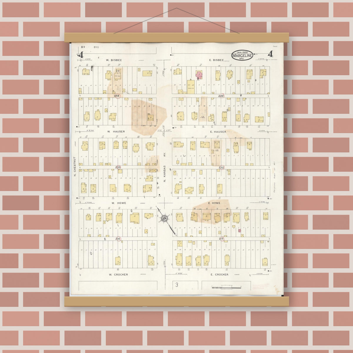 Old map wall art mockup — magnetic wood frame on brick wall — Sanborn Fire Insurance Map from Marceline, Linn County, Missouri (1939), Sheet #0004