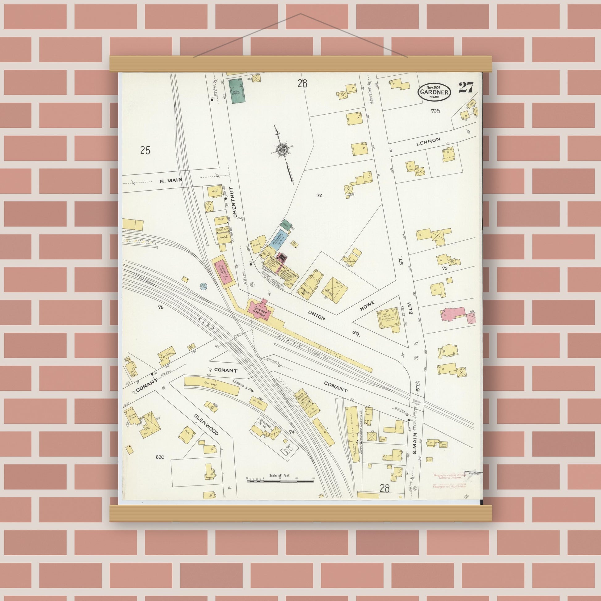 Old map wall art mockup — magnetic wood frame on brick wall — Sanborn Fire Insurance Map from Gardner, Worcester County, Massachusetts (1909), Sheet #0027