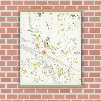 Old map wall art mockup — magnetic wood frame on brick wall — Sanborn Fire Insurance Map from Gardner, Worcester County, Massachusetts (1909), Sheet #0027