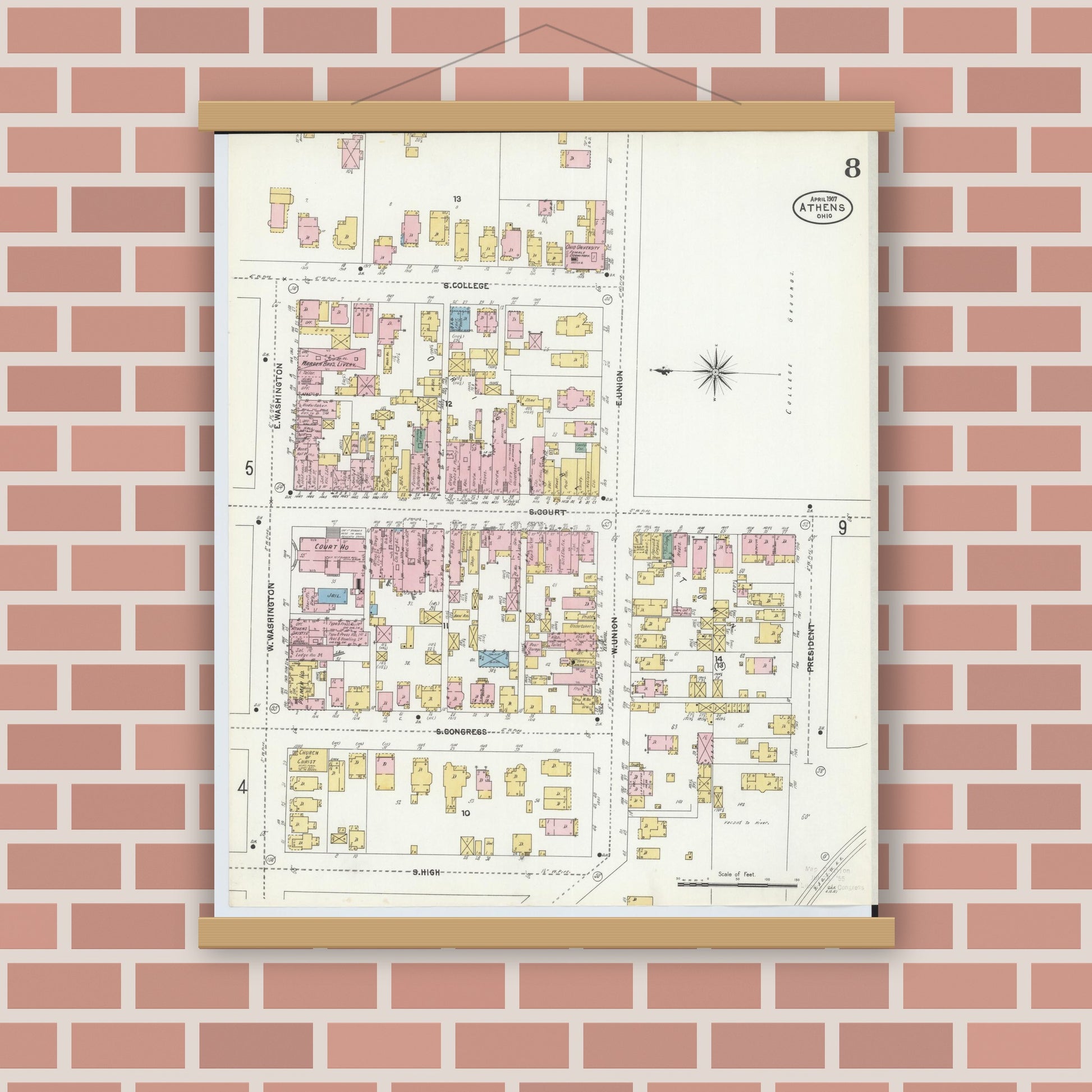 Old map wall art mockup — magnetic wood frame on brick wall — Sanborn Fire Insurance Map from Athens, Athens County, Ohio (1907), Sheet #0008