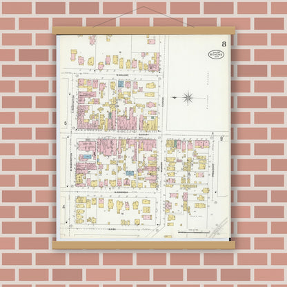 Old map wall art mockup — magnetic wood frame on brick wall — Sanborn Fire Insurance Map from Athens, Athens County, Ohio (1907), Sheet #0008