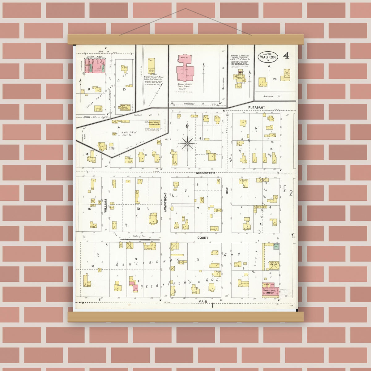 Old map wall art mockup — magnetic wood frame on brick wall — Sanborn Fire Insurance Map from Waukon, Allamakee County, Iowa (1902), Sheet #0004