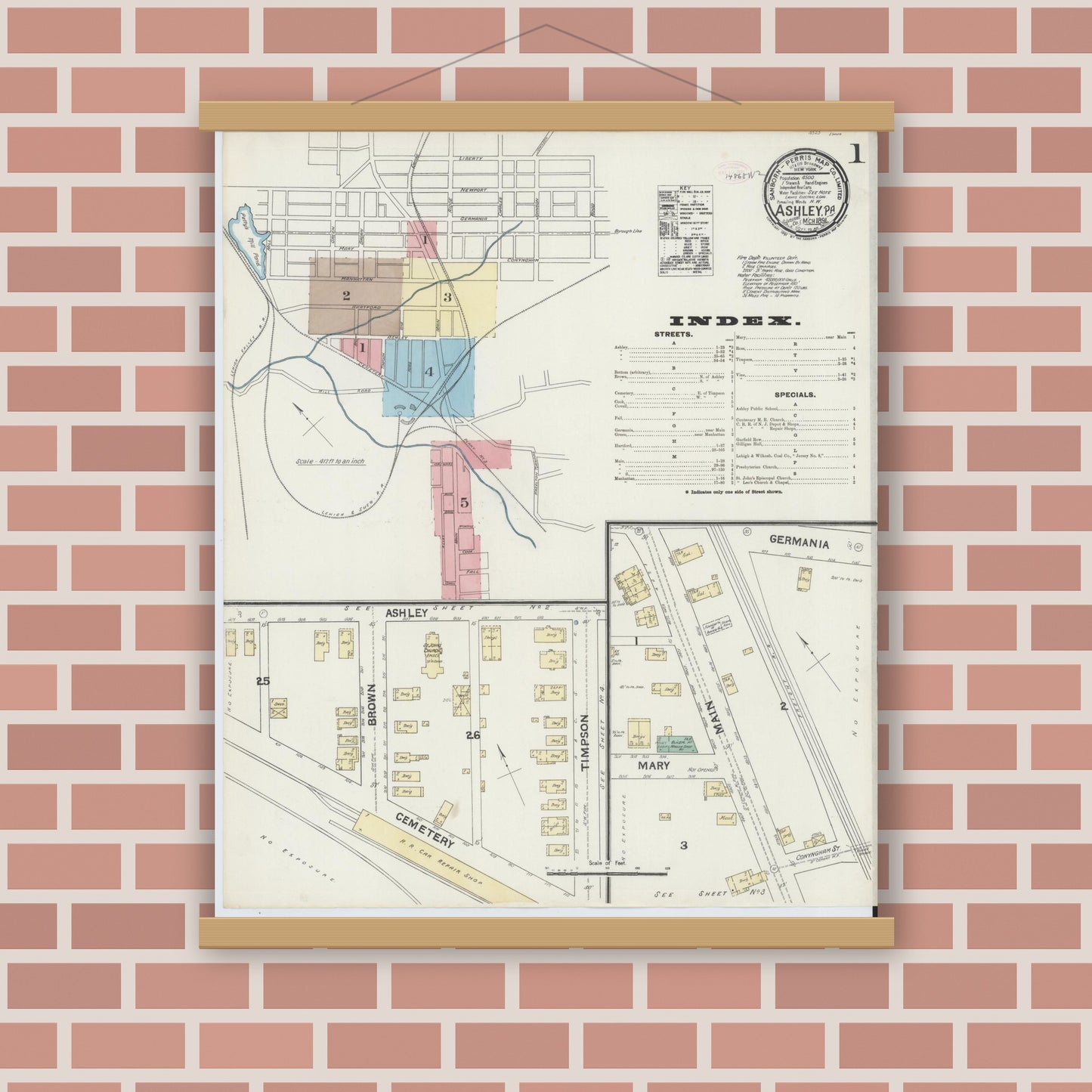 Old map wall art mockup — magnetic wood frame on brick wall — Sanborn Fire Insurance Map from Ashley, Luzerne County, Pennsylvania (1891) - Complete Map Set