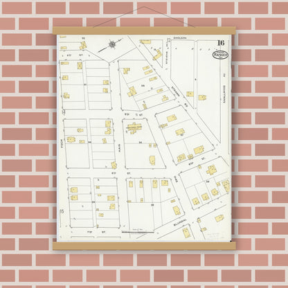 Old map wall art mockup — magnetic wood frame on brick wall — Sanborn Fire Insurance Map from Ranger, Eastland County, Texas (1920), Sheet #0016