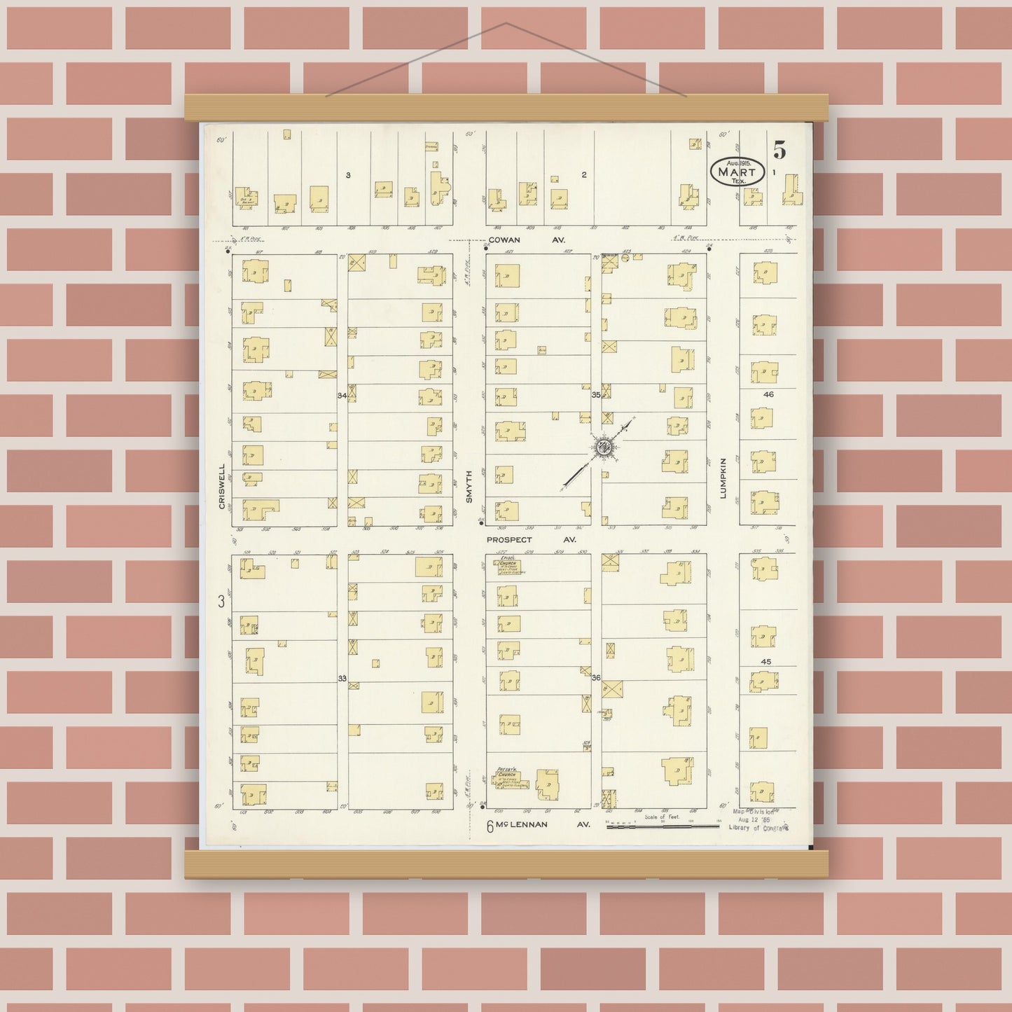 Old map wall art mockup — magnetic wood frame on brick wall — Sanborn Fire Insurance Map from Mart, McLennan County, Texas (1915), Sheet #0005