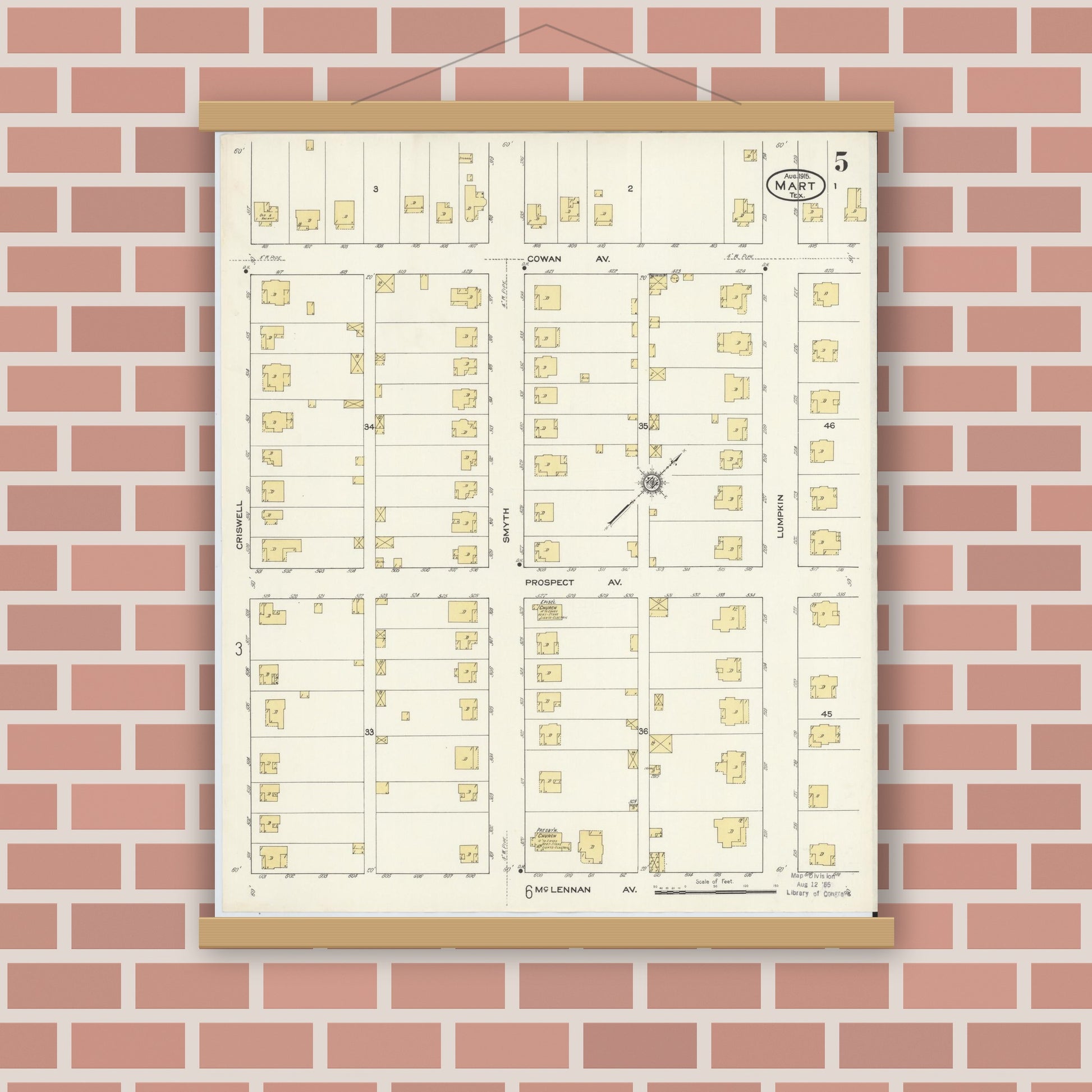 Old map wall art mockup — magnetic wood frame on brick wall — Sanborn Fire Insurance Map from Mart, McLennan County, Texas (1915), Sheet #0005