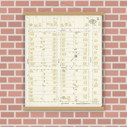 Old map wall art mockup — magnetic wood frame on brick wall — Sanborn Fire Insurance Map from Mart, McLennan County, Texas (1915), Sheet #0005