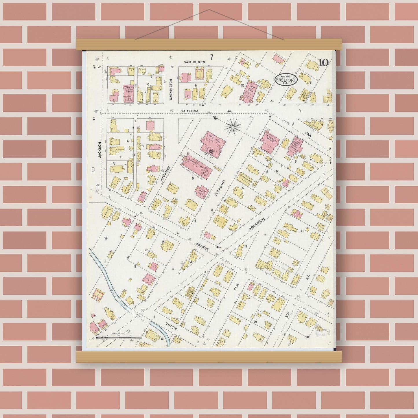 Old map wall art mockup — magnetic wood frame on brick wall — Sanborn Fire Insurance Map from Freeport, Stephenson County, Illinois (1904), Sheet #0010