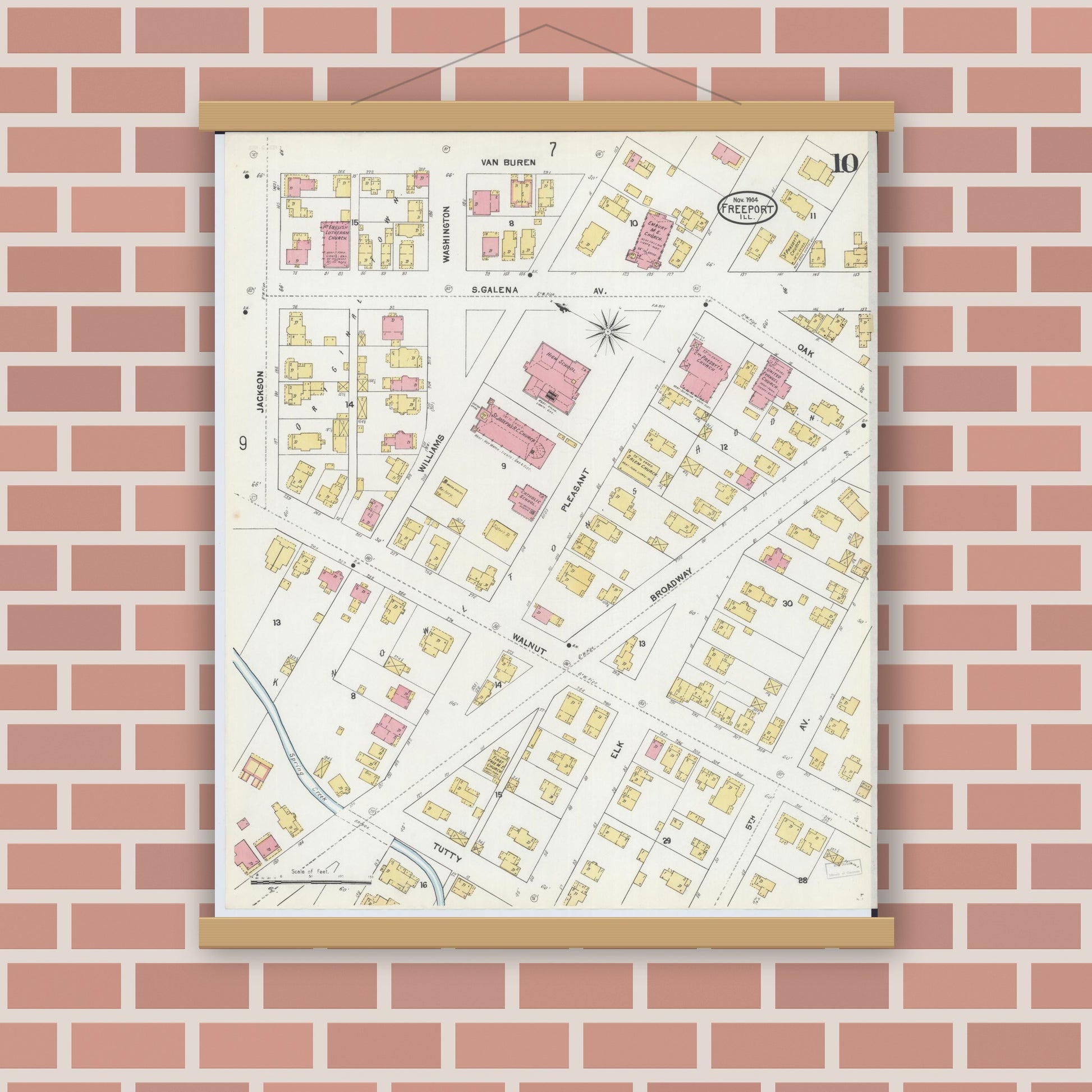 Old map wall art mockup — magnetic wood frame on brick wall — Sanborn Fire Insurance Map from Freeport, Stephenson County, Illinois (1904), Sheet #0010