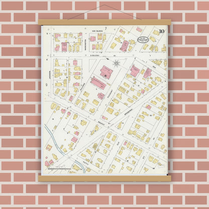 Old map wall art mockup — magnetic wood frame on brick wall — Sanborn Fire Insurance Map from Freeport, Stephenson County, Illinois (1904), Sheet #0010