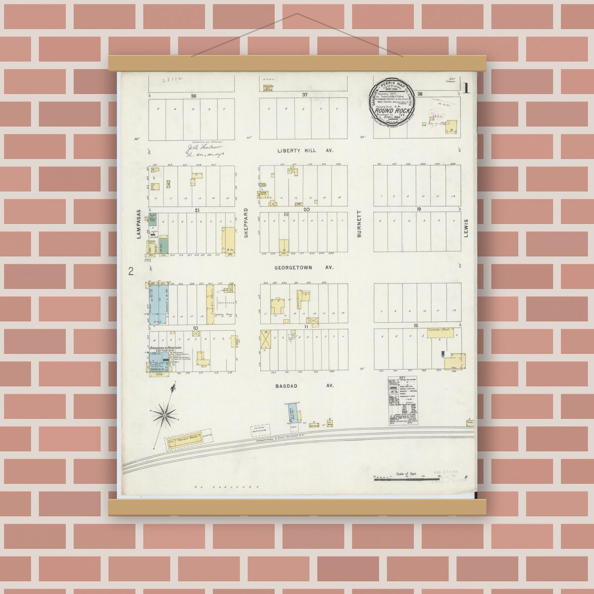 Old map wall art mockup — magnetic wood frame on brick wall — Sanborn Fire Insurance Map from Round Rock, Williamson County, Texas (1896), Sheet #0001