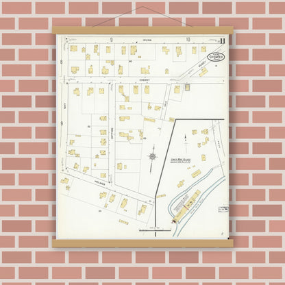 Old map wall art mockup — magnetic wood frame on brick wall — Sanborn Fire Insurance Map from Spencer, Worcester County, Massachusetts (1912), Sheet #0011
