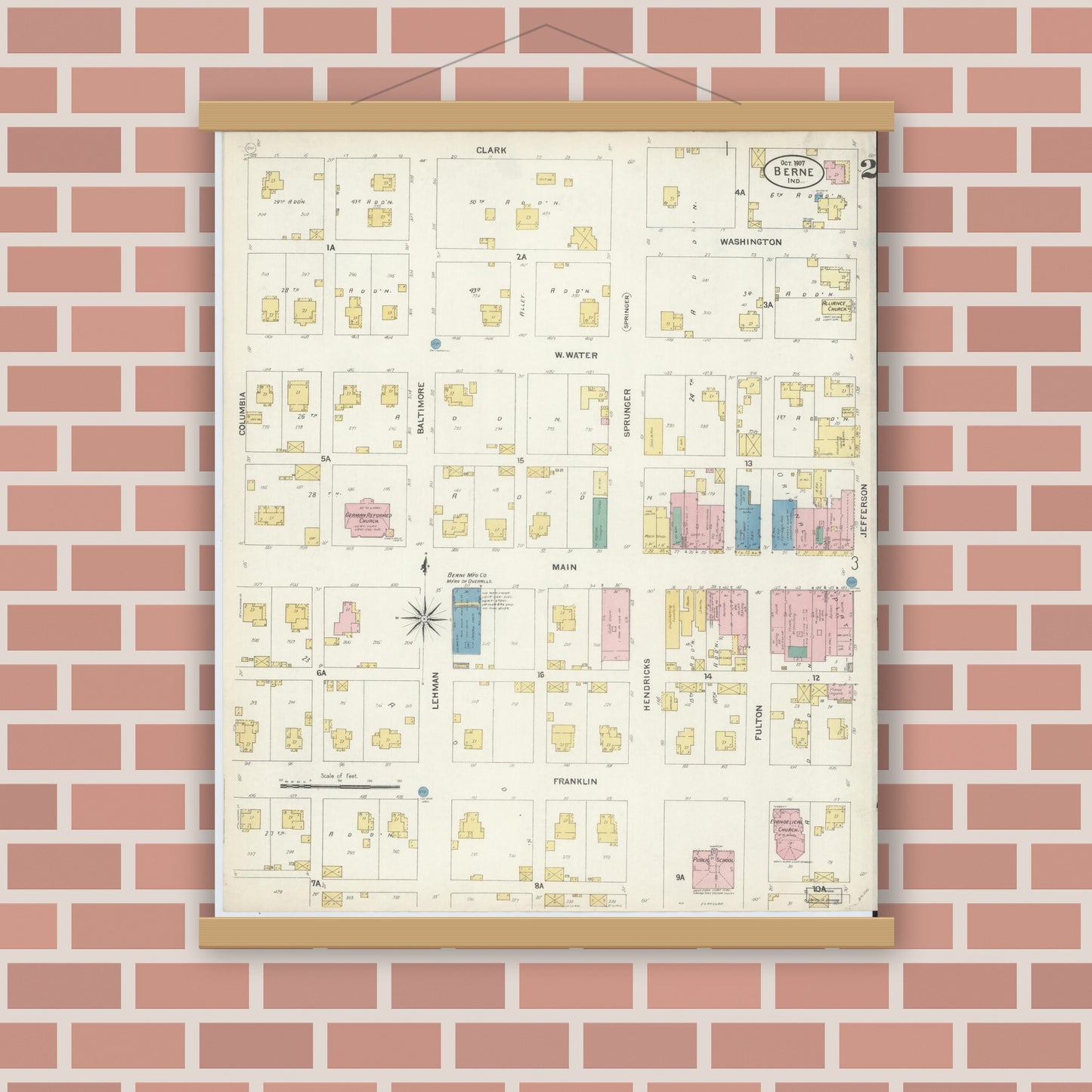 Old map wall art mockup — magnetic wood frame on brick wall — Sanborn Fire Insurance Map from Berne, Adams County, Indiana (1907), Sheet #0002
