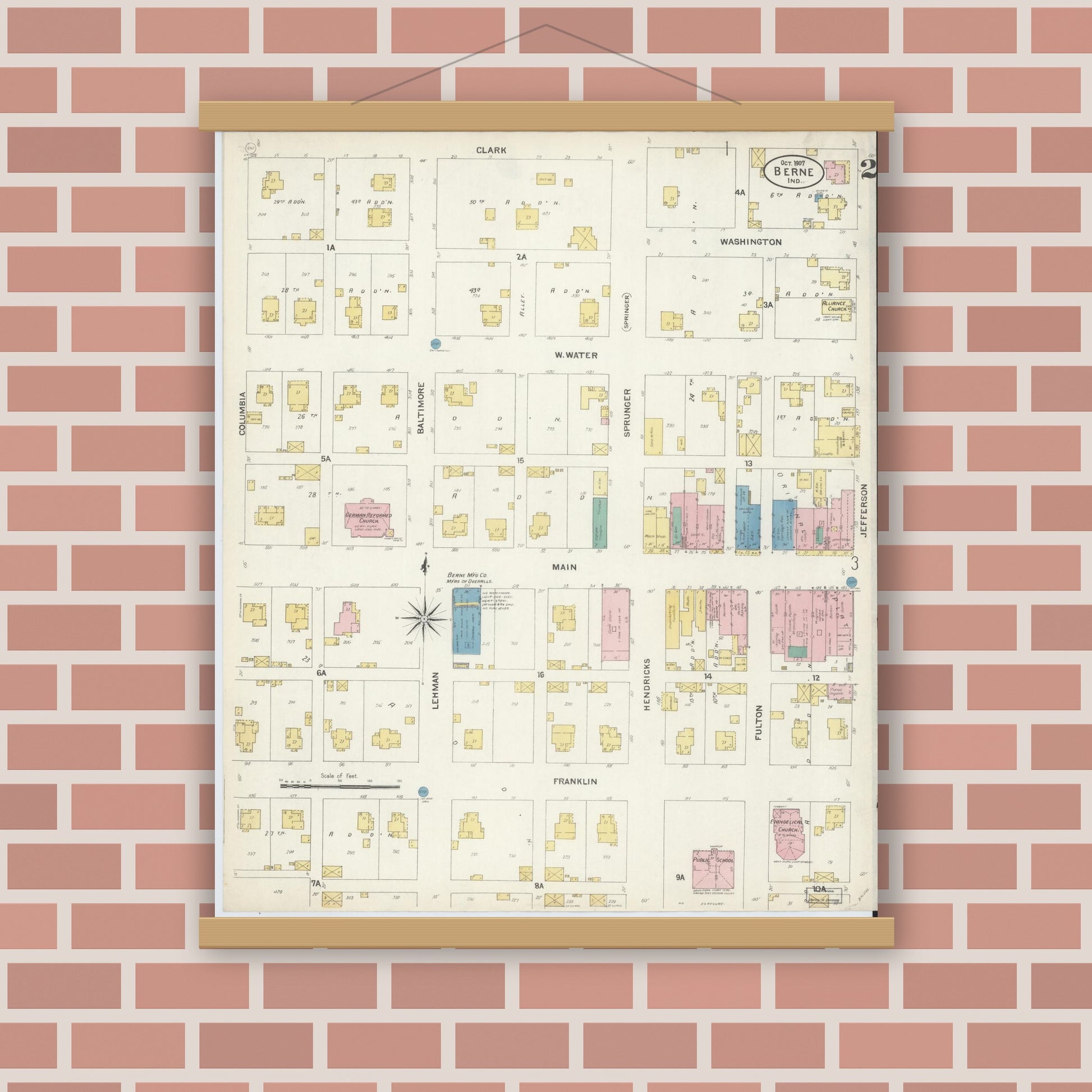 Old map wall art mockup — magnetic wood frame on brick wall — Sanborn Fire Insurance Map from Berne, Adams County, Indiana (1907), Sheet #0002