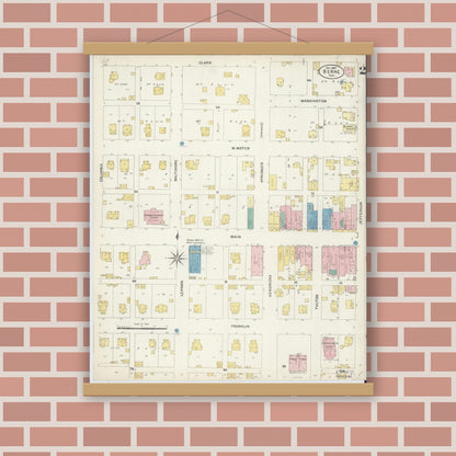 Old map wall art mockup — magnetic wood frame on brick wall — Sanborn Fire Insurance Map from Berne, Adams County, Indiana (1907), Sheet #0002