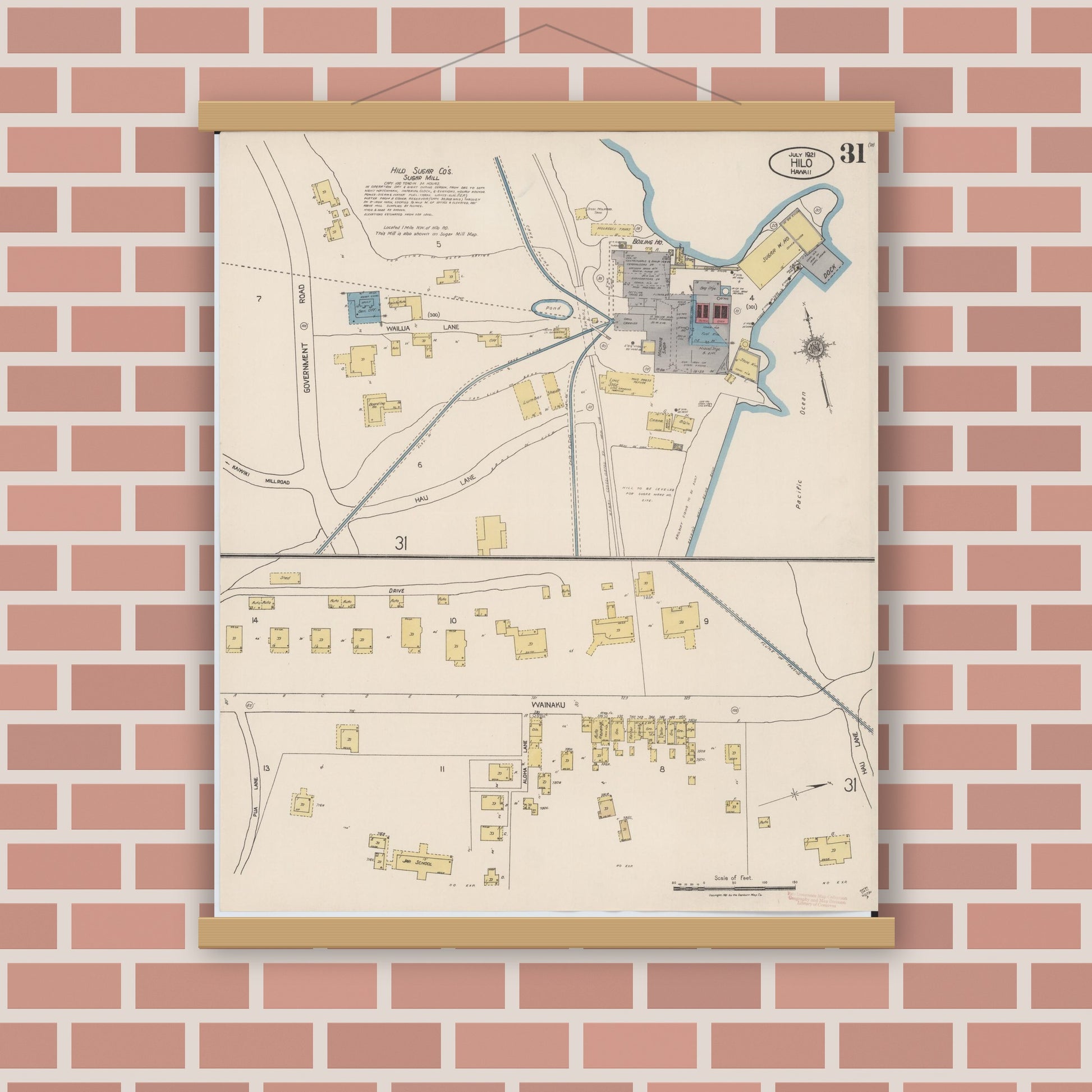 Old map wall art mockup — magnetic wood frame on brick wall — Sanborn Fire Insurance Map from Hilo, Hawaii County, Hawaii (1921), Sheet #0031