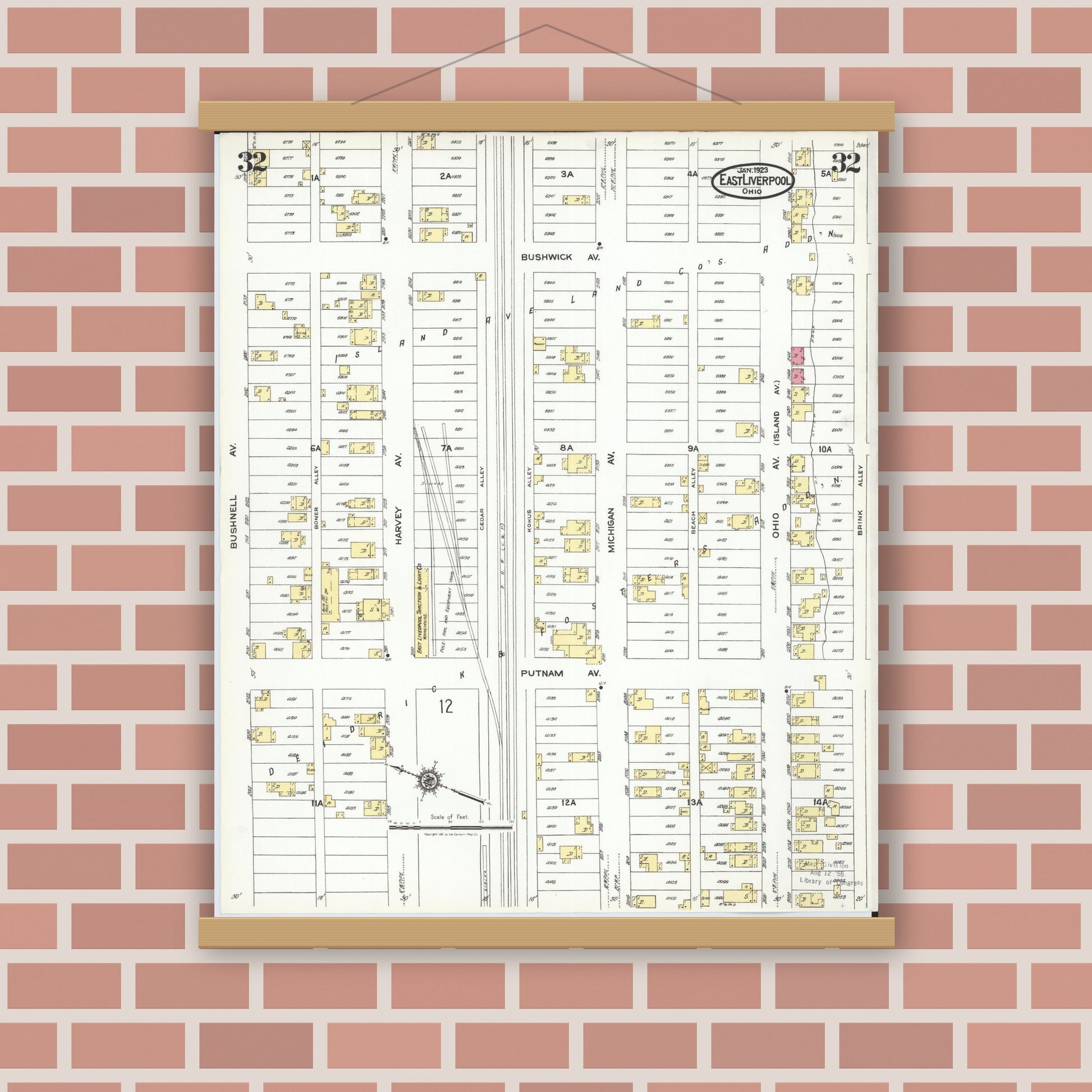 Old map wall art mockup — magnetic wood frame on brick wall — Sanborn Fire Insurance Map from East Liverpool, Columbiana County, Ohio (1923), Sheet #0032