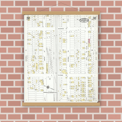 Old map wall art mockup — magnetic wood frame on brick wall — Sanborn Fire Insurance Map from East Liverpool, Columbiana County, Ohio (1923), Sheet #0032