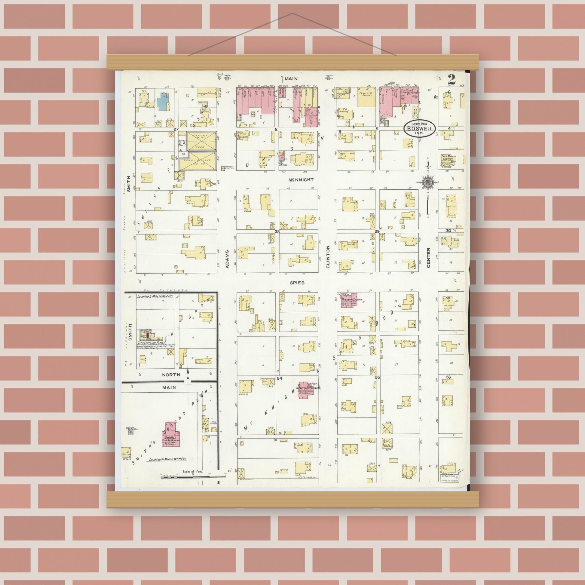 Old map wall art mockup — magnetic wood frame on brick wall — Sanborn Fire Insurance Map from Boswell, Benton County, Indiana (1910), Sheet #0002