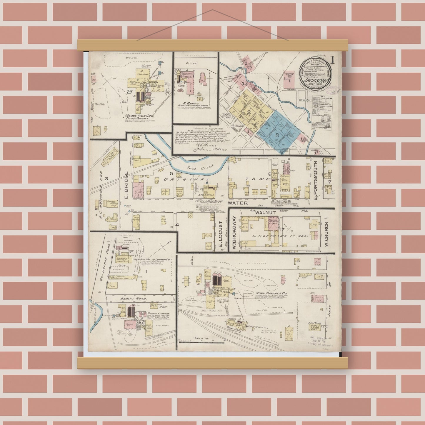Old map wall art mockup — magnetic wood frame on brick wall — Sanborn Fire Insurance Map from Jackson, Jackson County, Ohio (1886) - Complete Map Set