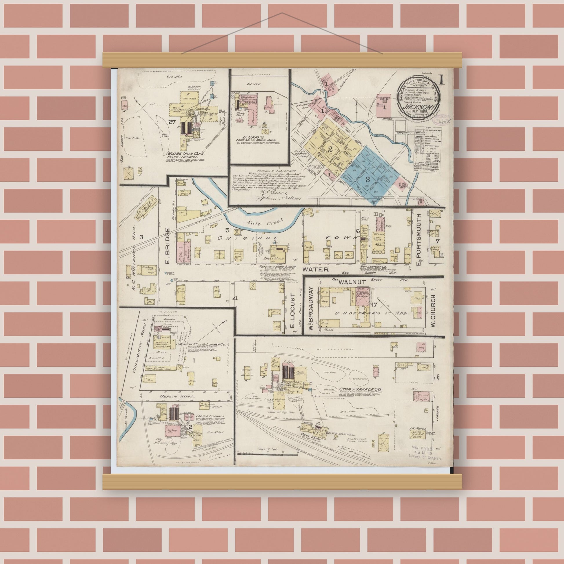 Old map wall art mockup — magnetic wood frame on brick wall — Sanborn Fire Insurance Map from Jackson, Jackson County, Ohio (1886) - Complete Map Set