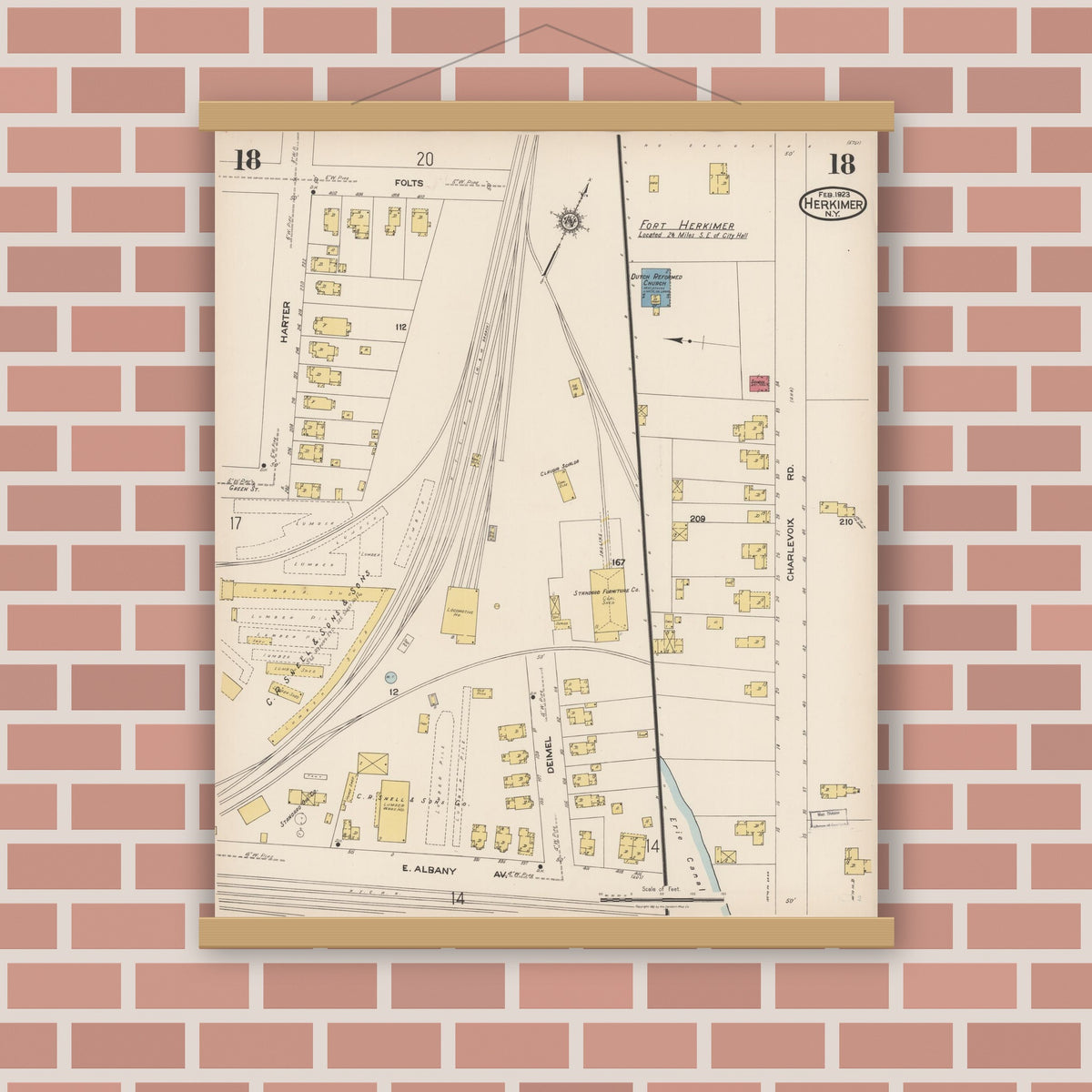 Old map wall art mockup — magnetic wood frame on brick wall — Sanborn Fire Insurance Map from Herkimer, Herkimer County, New York (1923), Sheet #0018