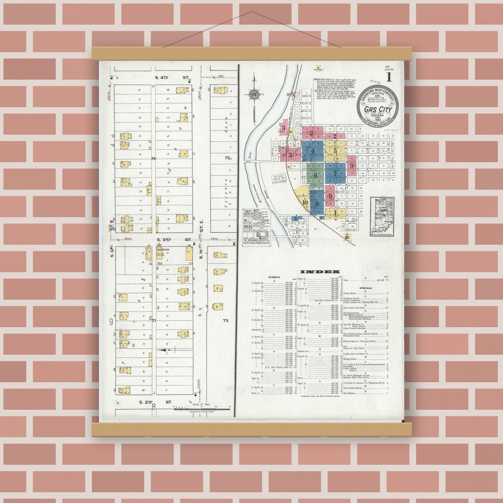Old map wall art mockup — magnetic wood frame on brick wall — Sanborn Fire Insurance Map from Gas City, Grant County, Indiana (1920) - Complete Map Set