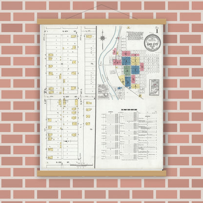 Old map wall art mockup — magnetic wood frame on brick wall — Sanborn Fire Insurance Map from Gas City, Grant County, Indiana (1920) - Complete Map Set
