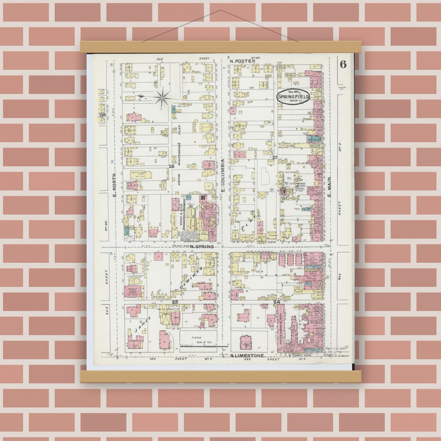 Old map wall art mockup — magnetic wood frame on brick wall — Sanborn Fire Insurance Map from Springfield, Clark County, Ohio (1891), Sheet #0006