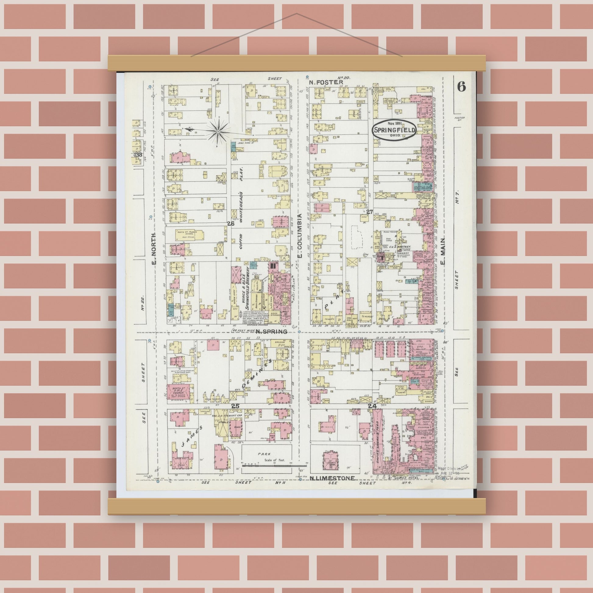 Old map wall art mockup — magnetic wood frame on brick wall — Sanborn Fire Insurance Map from Springfield, Clark County, Ohio (1891), Sheet #0006