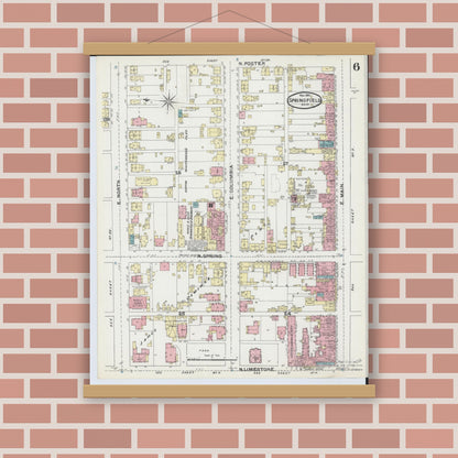 Old map wall art mockup — magnetic wood frame on brick wall — Sanborn Fire Insurance Map from Springfield, Clark County, Ohio (1891), Sheet #0006