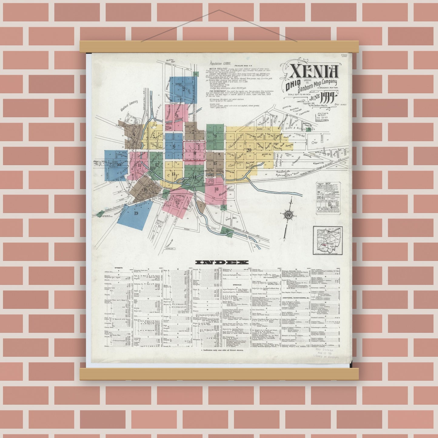 Old map wall art mockup — magnetic wood frame on brick wall — Sanborn Fire Insurance Map from Xenia, Greene County, Ohio (1919), Sheet #0001