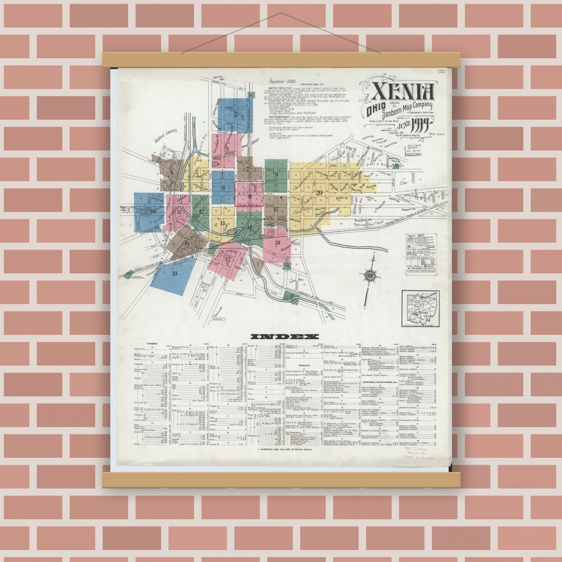 Old map wall art mockup — magnetic wood frame on brick wall — Sanborn Fire Insurance Map from Xenia, Greene County, Ohio (1919), Sheet #0001