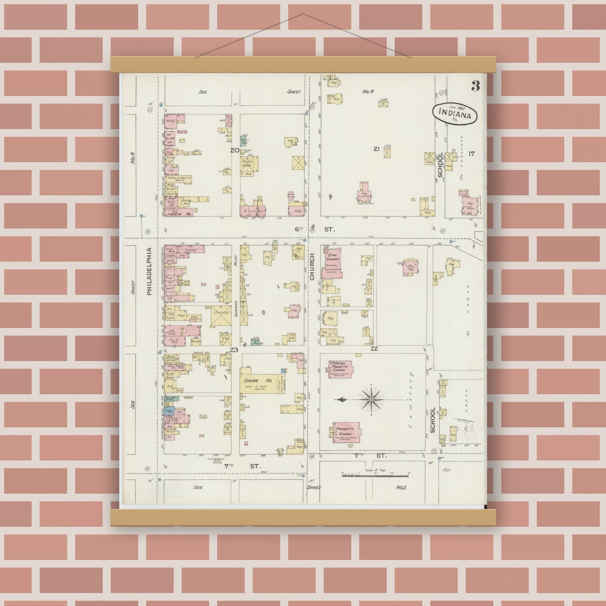 Old map wall art mockup — magnetic wood frame on brick wall — Sanborn Fire Insurance Map from Indiana, Indiana County, Pennsylvania (1887), Sheet #0003