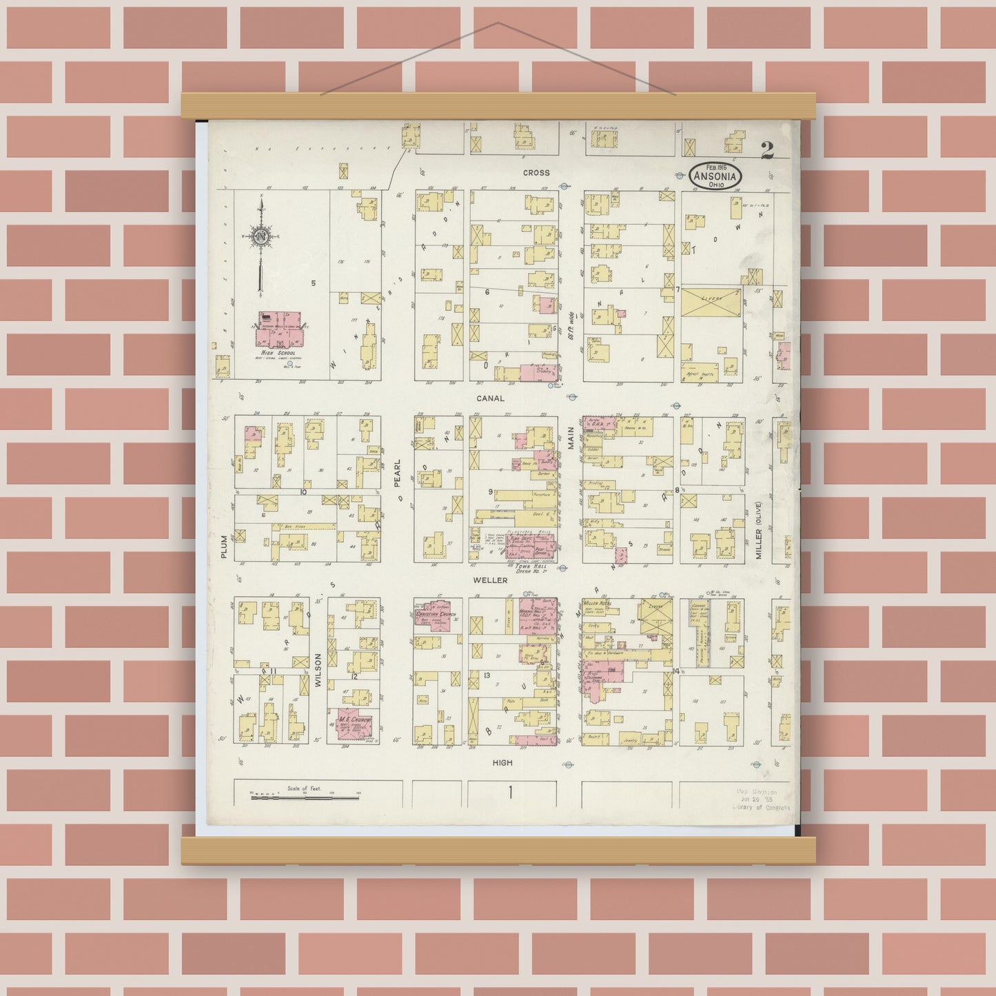 Old map wall art mockup — magnetic wood frame on brick wall — Sanborn Fire Insurance Map from Ansonia, Darke County, Ohio (1915), Sheet #0002