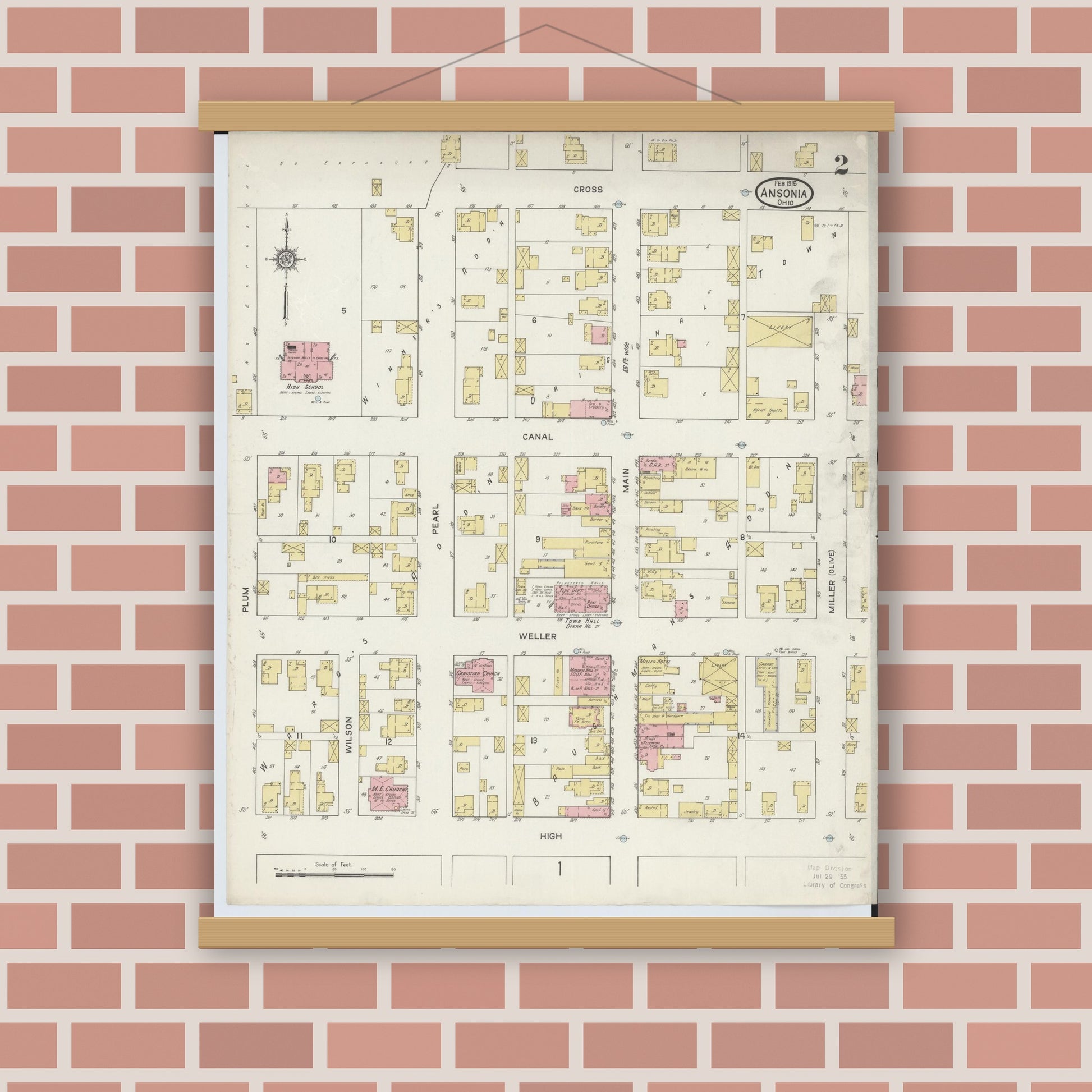 Old map wall art mockup — magnetic wood frame on brick wall — Sanborn Fire Insurance Map from Ansonia, Darke County, Ohio (1915), Sheet #0002