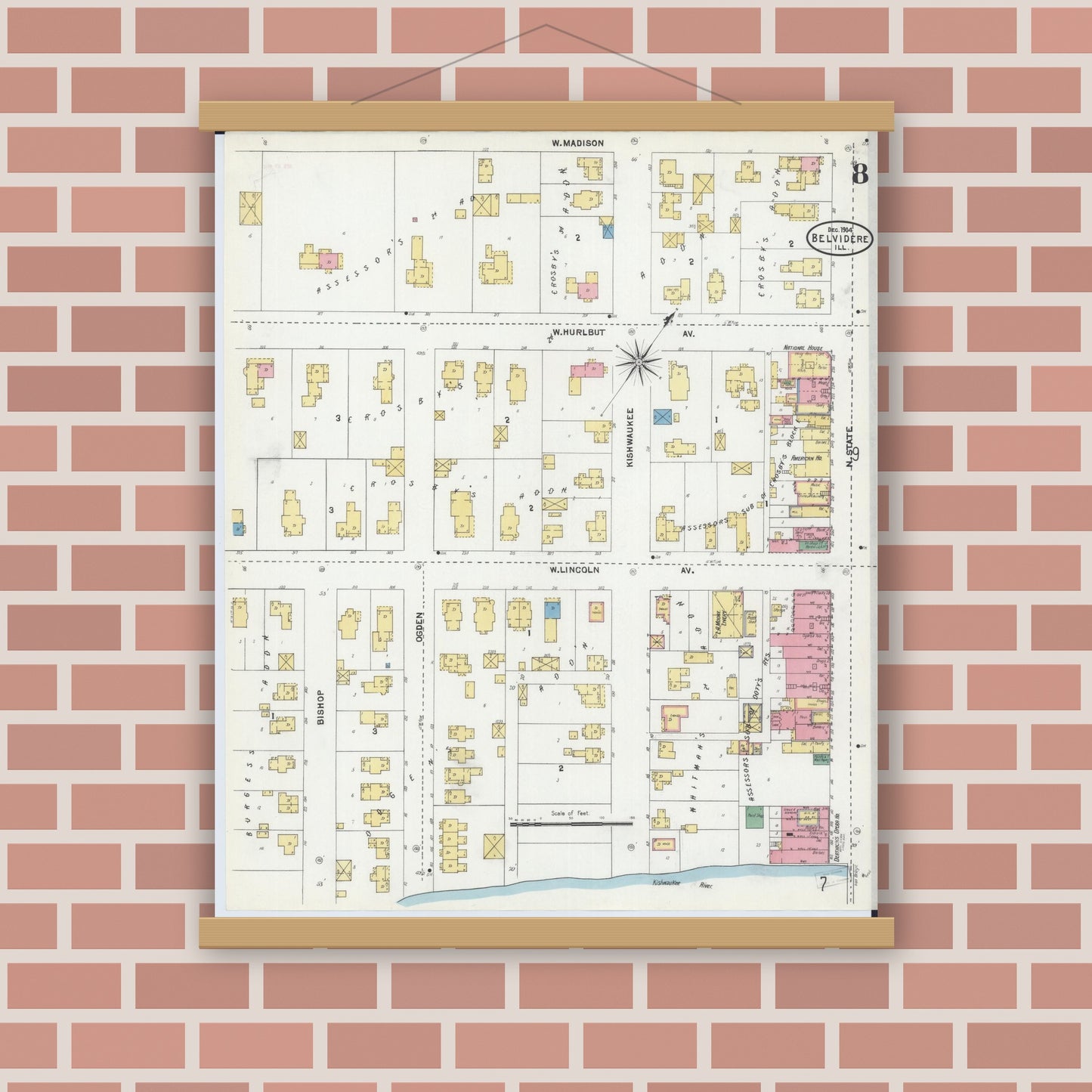 Old map wall art mockup — magnetic wood frame on brick wall — Sanborn Fire Insurance Map from Belvidere, Boone County, Illinois (1904), Sheet #0008