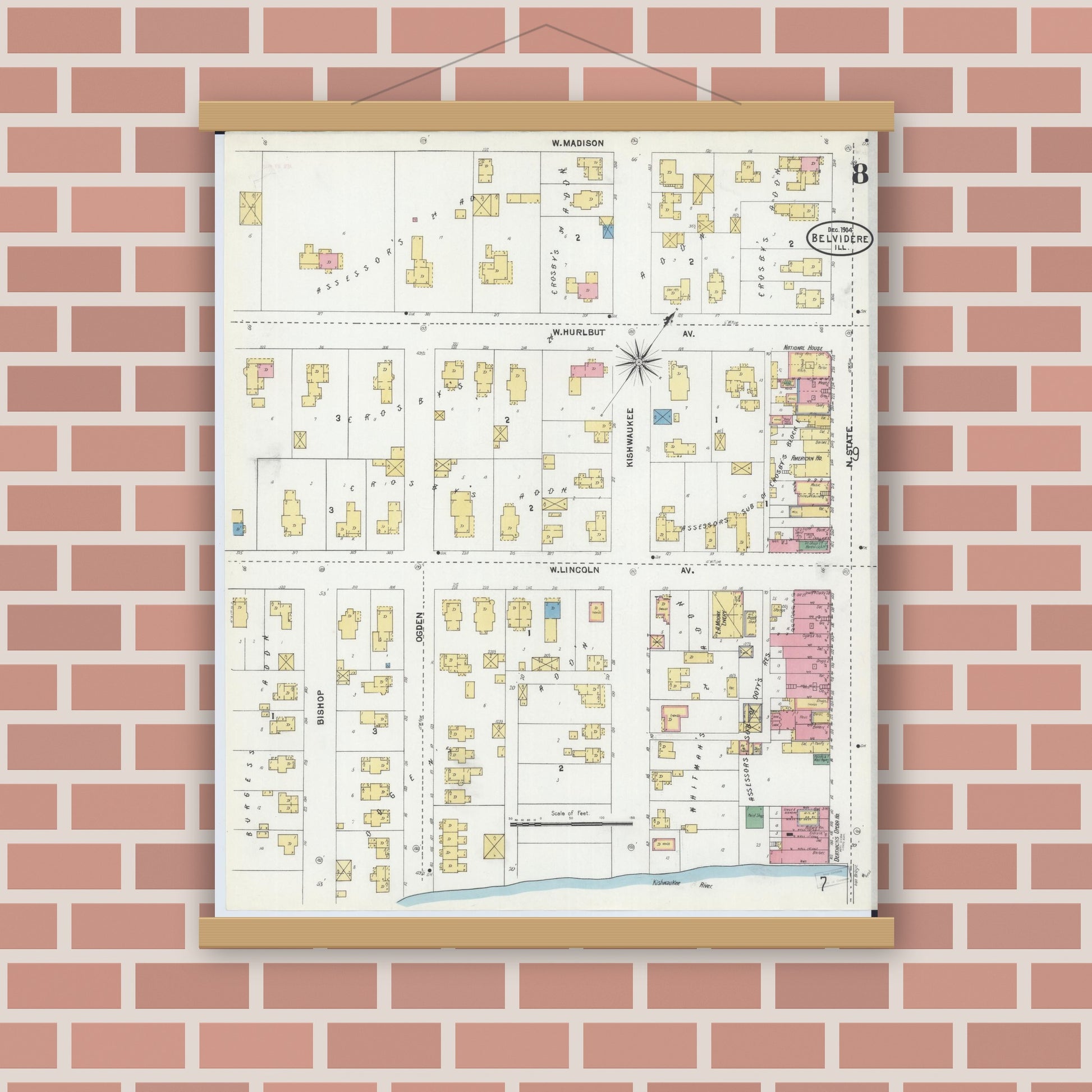 Old map wall art mockup — magnetic wood frame on brick wall — Sanborn Fire Insurance Map from Belvidere, Boone County, Illinois (1904), Sheet #0008