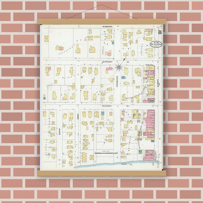 Old map wall art mockup — magnetic wood frame on brick wall — Sanborn Fire Insurance Map from Belvidere, Boone County, Illinois (1904), Sheet #0008