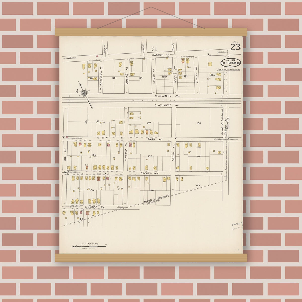 Old map wall art mockup — magnetic wood frame on brick wall — Sanborn Fire Insurance Map from Collingswood, Camden County, New Jersey (1922), Sheet #0023
