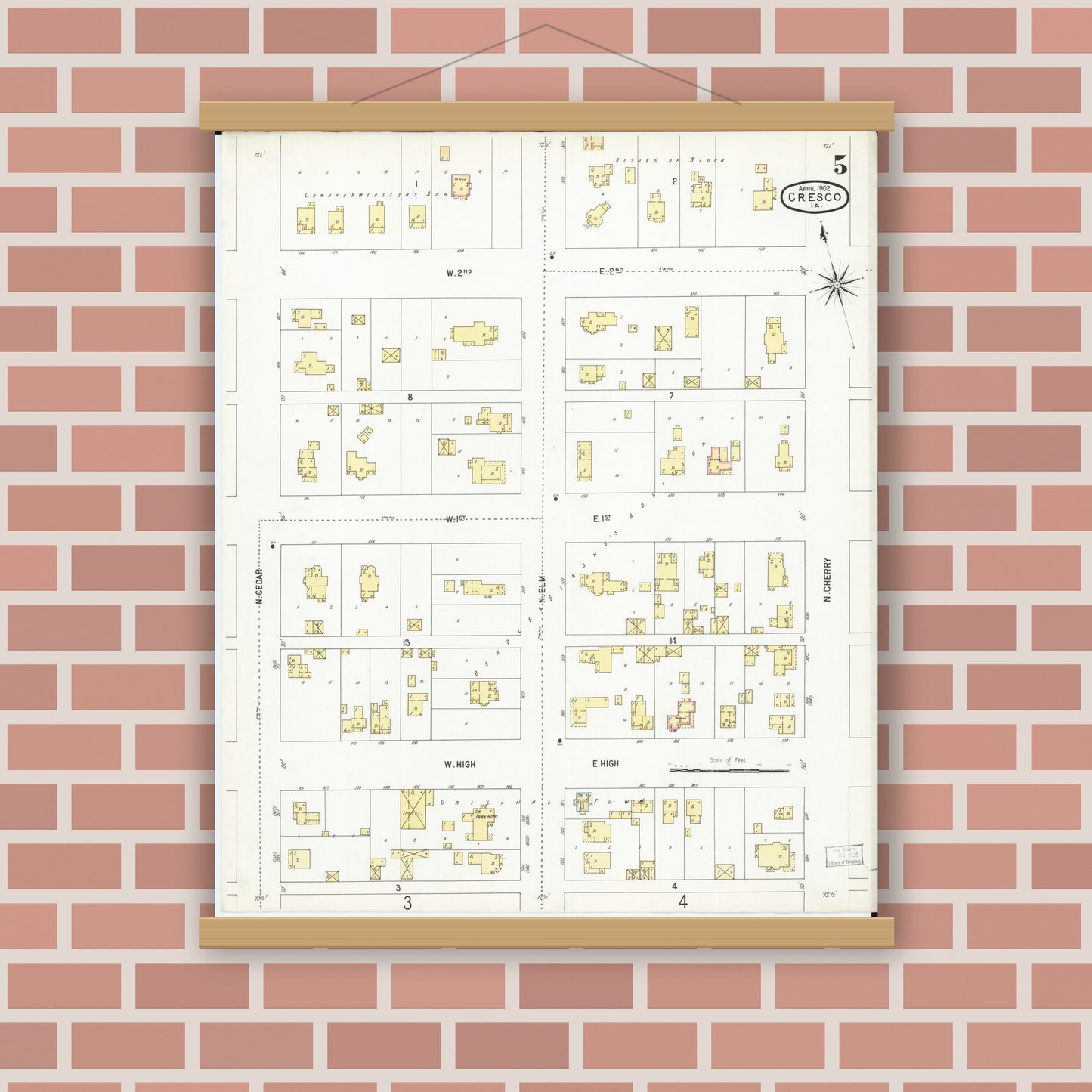 Old map wall art mockup — magnetic wood frame on brick wall — Sanborn Fire Insurance Map from Cresco, Howard County, Iowa (1902), Sheet #0005