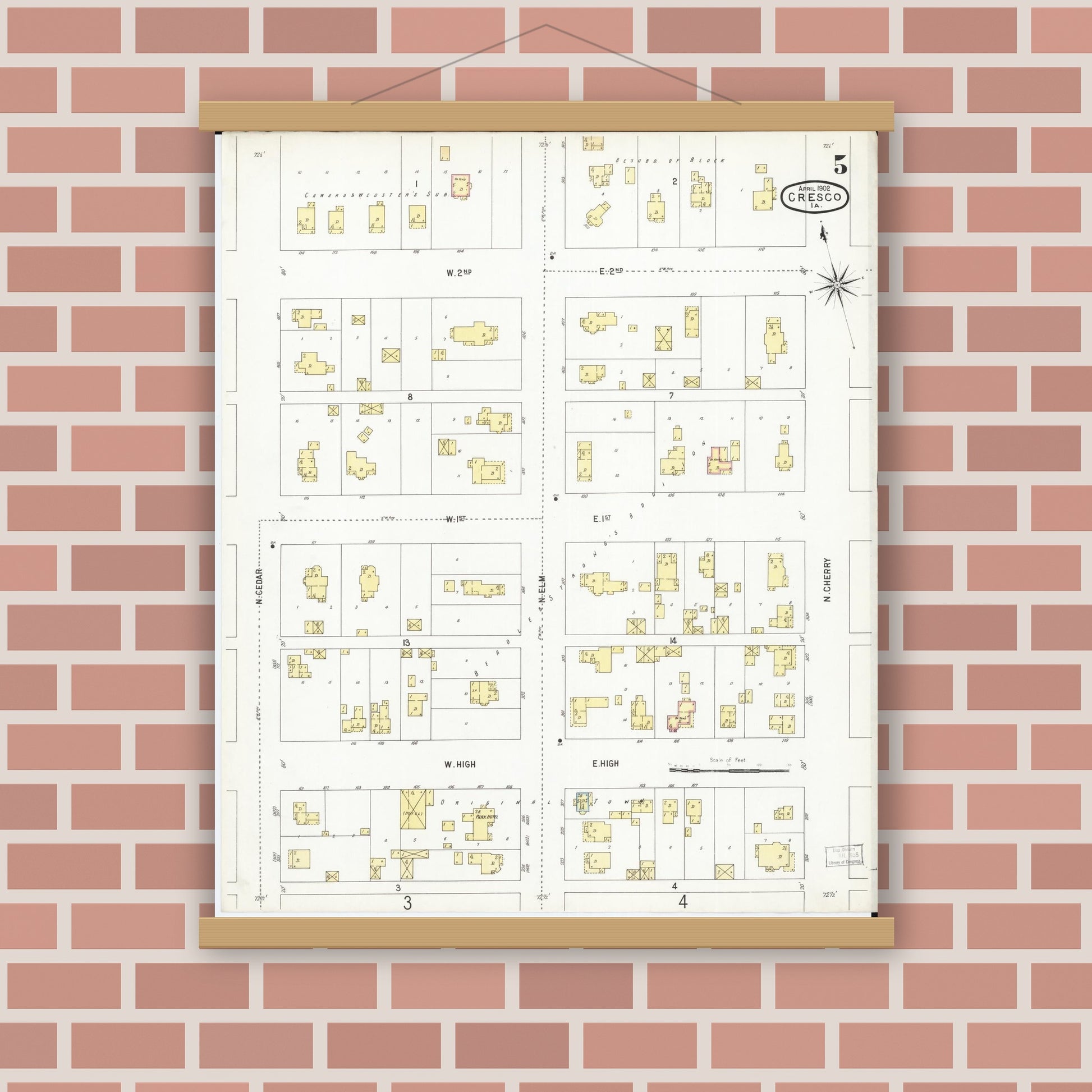 Old map wall art mockup — magnetic wood frame on brick wall — Sanborn Fire Insurance Map from Cresco, Howard County, Iowa (1902), Sheet #0005