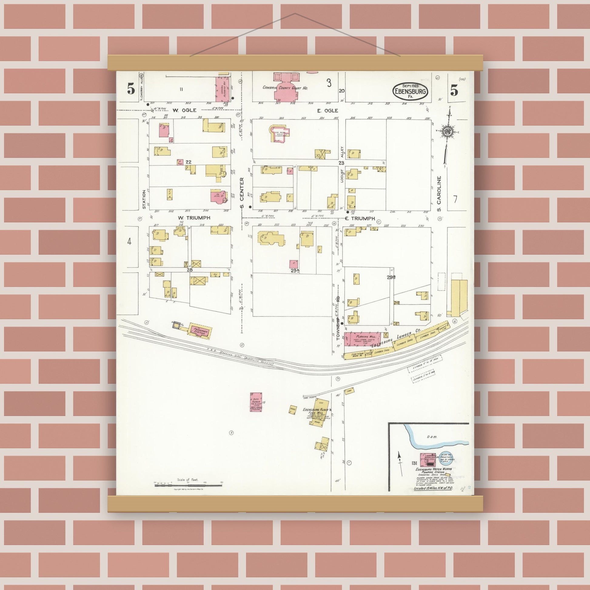 Old map wall art mockup — magnetic wood frame on brick wall — Sanborn Fire Insurance Map from Ebensburg, Cambria County, Pennsylvania (1923), Sheet #0005