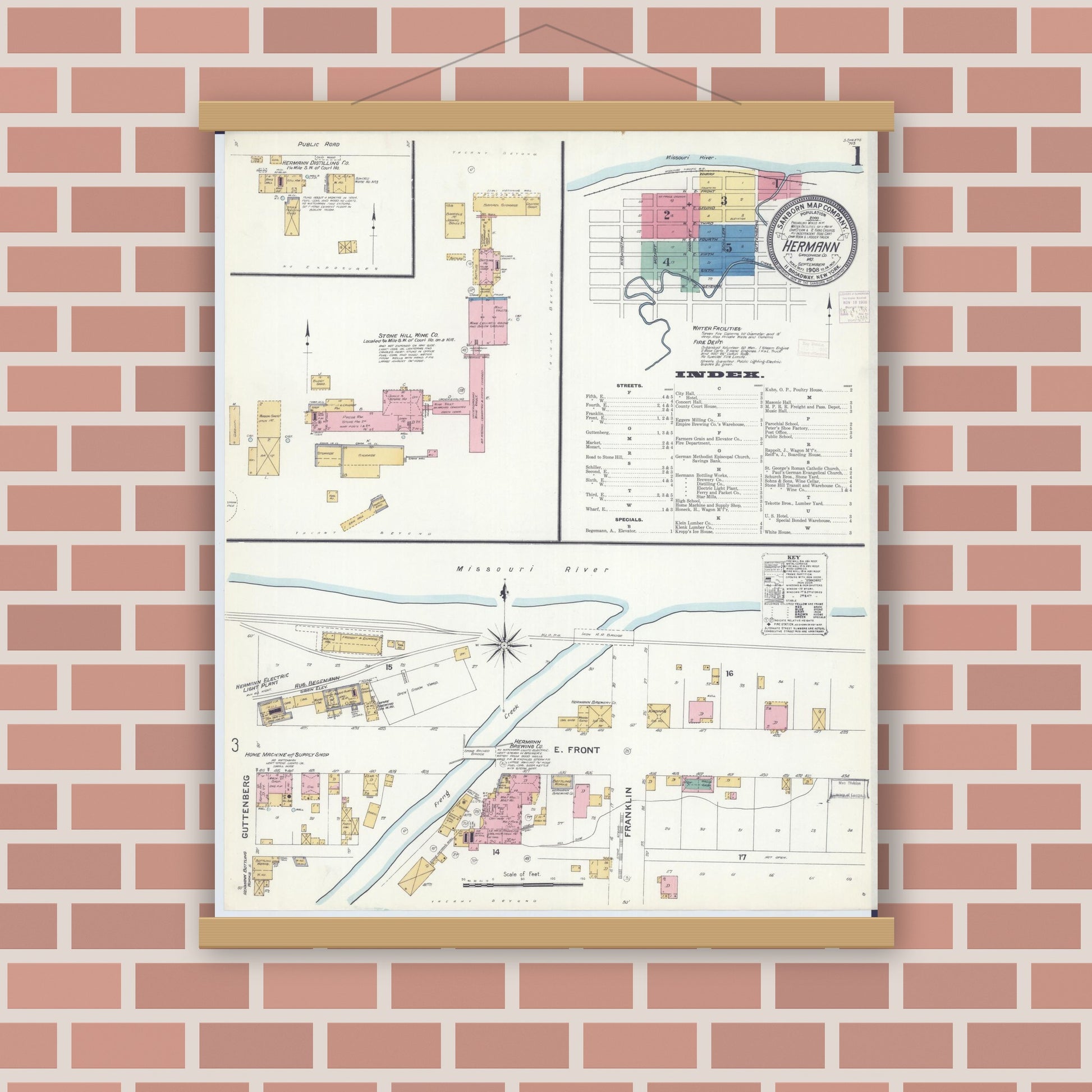 Old map wall art mockup — magnetic wood frame on brick wall — Sanborn Fire Insurance Map from Hermann, Gasconade County, Missouri (1908) - Complete Map Set
