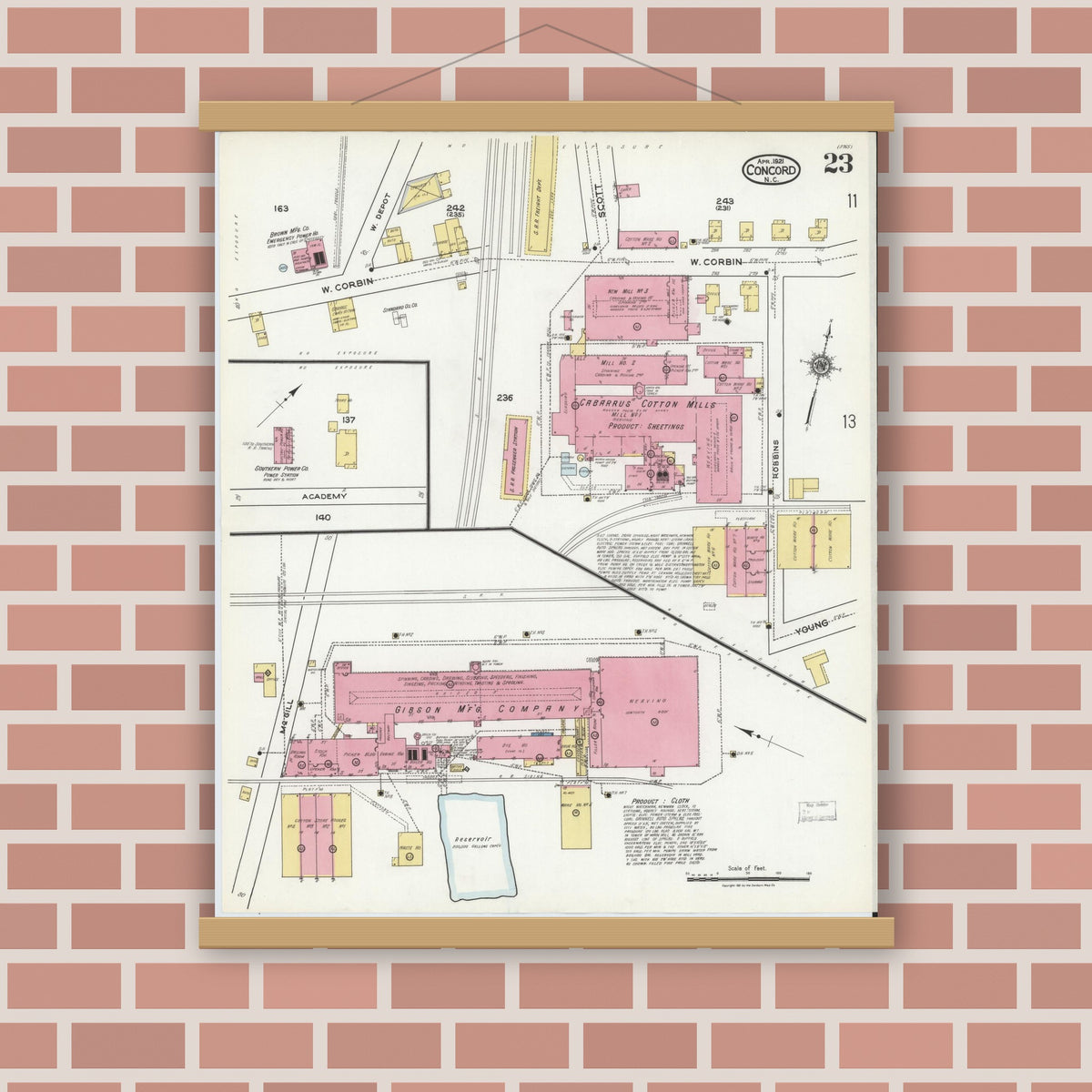 Old map wall art mockup — magnetic wood frame on brick wall — Sanborn Fire Insurance Map from Concord, Cabarrus County, North Carolina (1921), Sheet #0023