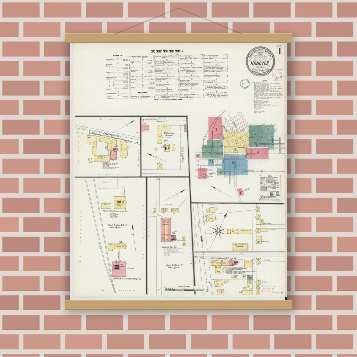 Old map wall art mockup — magnetic wood frame on brick wall — Sanborn Fire Insurance Map from Hanover, York County, Pennsylvania (1902) - Complete Map Set