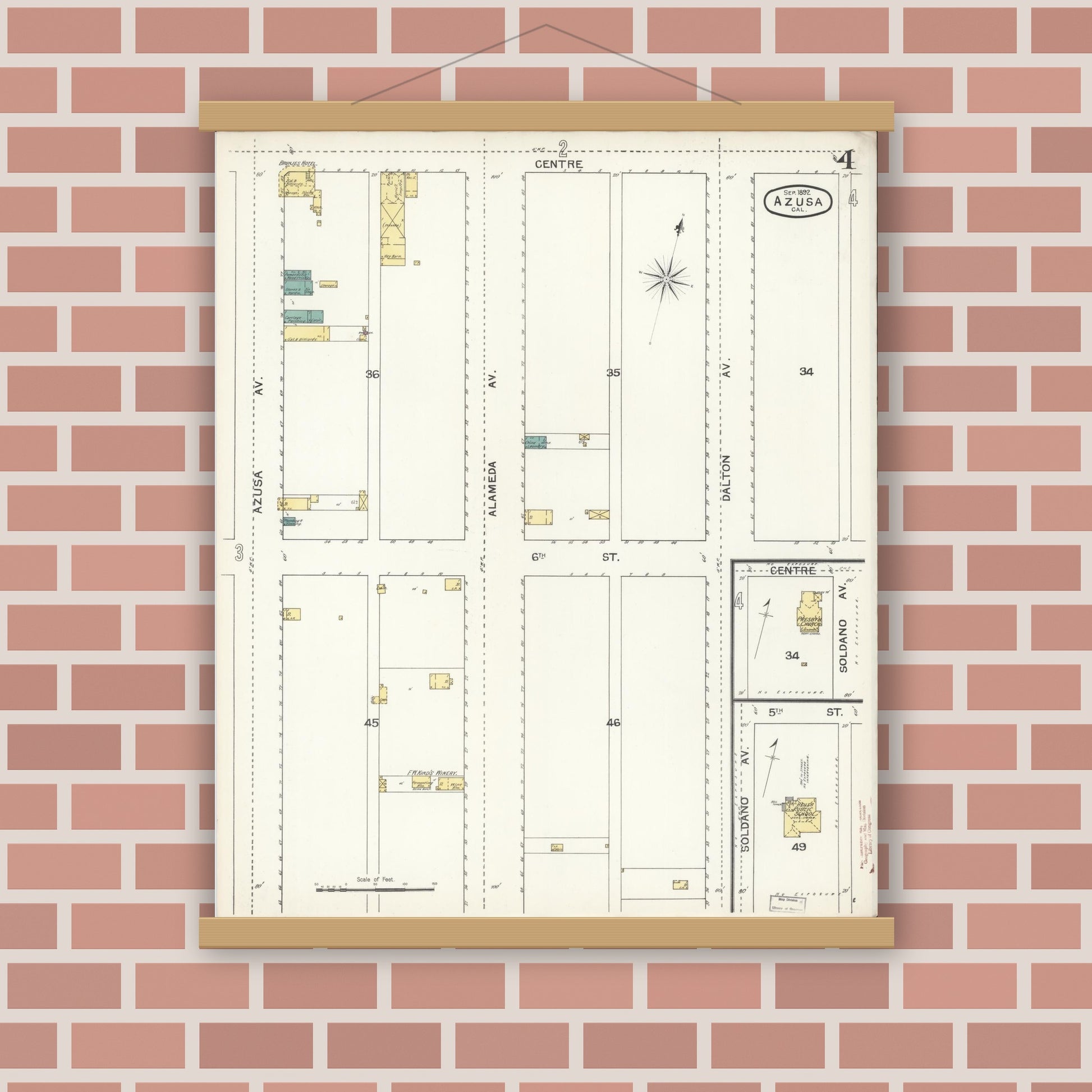 Old map wall art mockup — magnetic wood frame on brick wall — Sanborn Fire Insurance Map from Azusa, Los Angeles County, California (1892), Sheet #0004
