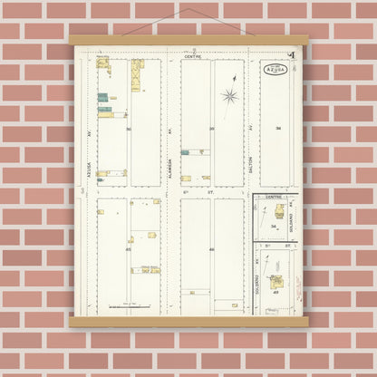 Old map wall art mockup — magnetic wood frame on brick wall — Sanborn Fire Insurance Map from Azusa, Los Angeles County, California (1892), Sheet #0004